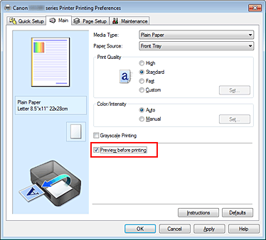 slika: potrditveno polje Preview before printing na kartici Main