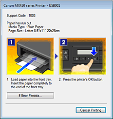 фигура: Дисплей за грешки на Canon IJ Status Monitor