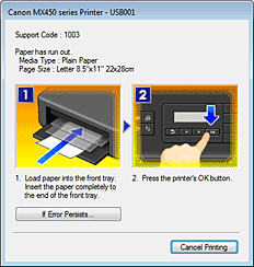 Imagen: mensaje de error del Monitor de estado Canon IJ