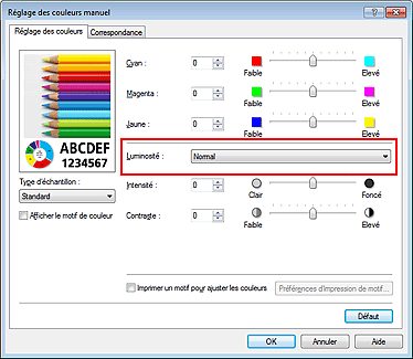 figure : Luminosité dans la boîte de dialogue Réglage des couleurs manuel