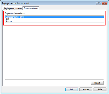 figure : Sélectionnez Correspondance pilote pour Correction des couleurs dans la boîte de dialogue Réglage des couleurs manuel.
