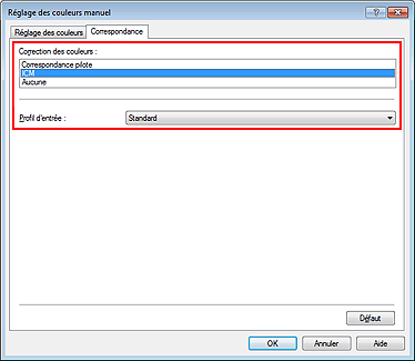 figure : Sélectionnez ICM pour Correction des couleurs dans la boîte de dialogue Réglage des couleurs manuel.