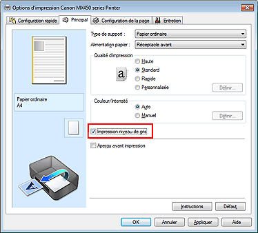 figure : Case à cocher Impression niveau de gris dans l'onglet Principal