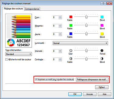 figure : Sélectionnez Imprimer un motif pour ajuster les couleurs dans l'onglet Réglage des couleurs.