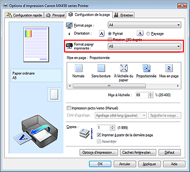 figure : Format papier imprimante dans l'onglet Configuration de la page