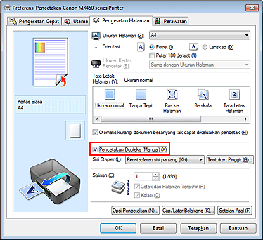 gambar: Kotak centang Pencetakan Dupleks (Manual) pada tab Pengesetan Halaman