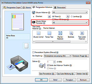 gambar: Ukuran Kertas Pencetak pada tab Pengesetan Halaman