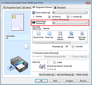 gambar: Ukuran Kertas Pencetak pada tab Pengesetan Halaman