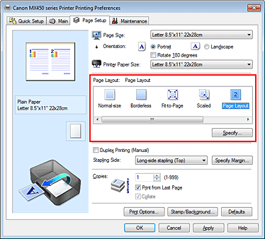 figura: selezionare Layout di pagina per Layout di pagina nella scheda Imposta pagina