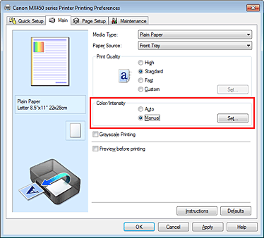 attēls: atlasiet Manuāli iestatījumam Krāsa/intensitāte cilnē Galvenie iestatījumi