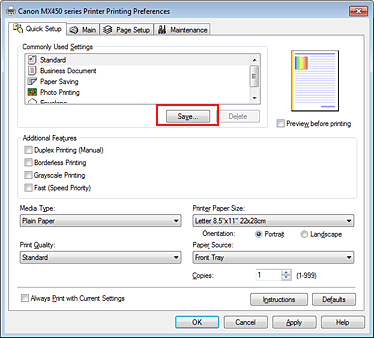 attēls: opcija Saglabāt... cilnē Ātra iestatīšana