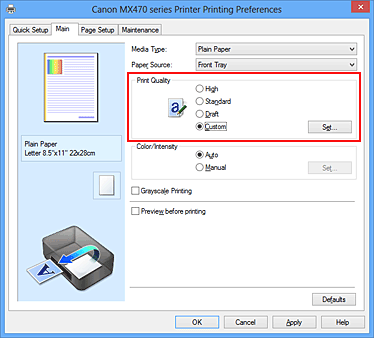 figure:Select on the Main tab, select Custom for Print Quality