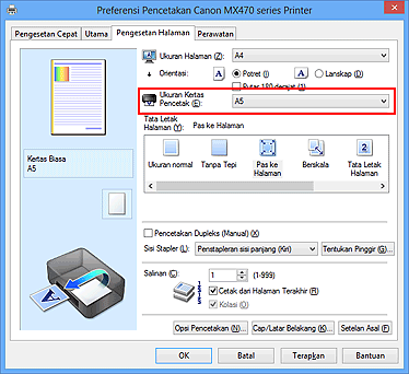 gambar: Ukuran Kertas Pencetak pada tab Pengesetan Halaman