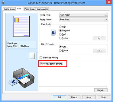 slika: potrditveno polje Preview before printing na kartici Main