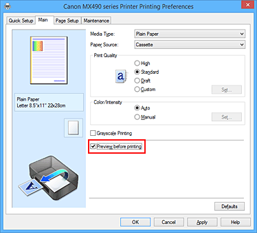 slika: potvrdni okvir Pregled prije ispisa na kartici Glavno