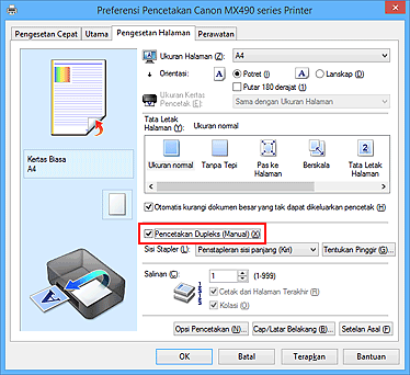 gambar: Kotak centang Pencetakan Dupleks (Manual) pada tab Pengesetan Halaman