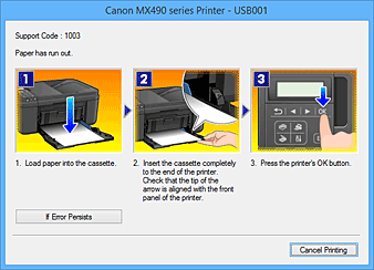 pav.: Klaidos rodinys &bdquo;Canon IJ&ldquo; būsenos monitoriuje
