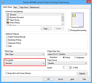 attēls: drukas kvalitāte cilnē Ātra iestatīšana