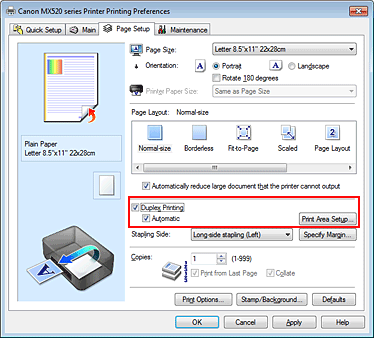 фигура: Квадратче за отметка „Duplex Printing„ в раздела „Page Setup”