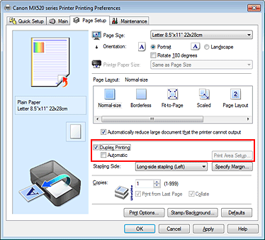 фигура: Квадратче за отметка „Duplex Printing„ в раздела „Page Setup”