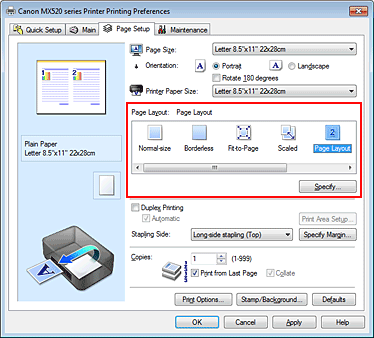 фигура: Избиране на „Page Layout” за „Page Layout” в раздела „Page Setup”