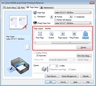 figure:Select Booklet for Page Layout on the Page Setup tab