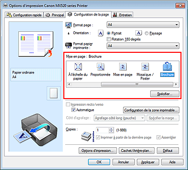 figure : Sélectionnez Brochure comme Mise en page dans l'onglet Configuration de la page.