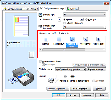 figure : Sélectionnez À l'échelle du papier comme Mise en page dans l'onglet Configuration de la page.