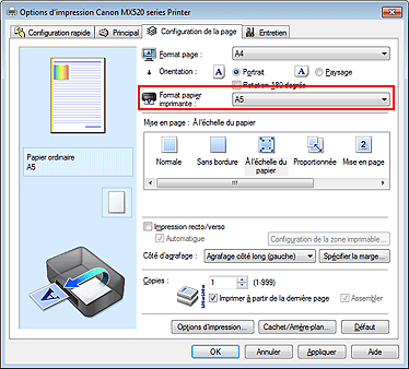 figure : Format papier imprimante dans l'onglet Configuration de la page