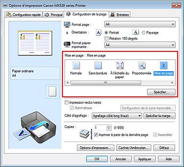 figure : Sélectionnez Mise en page comme Mise en page dans l'onglet Configuration de la page