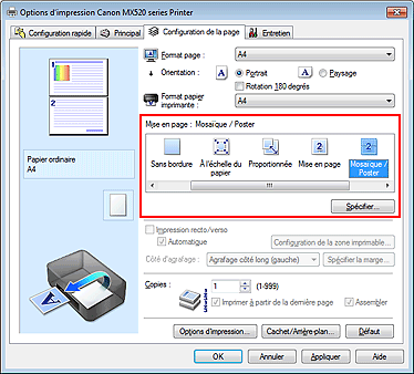 figure : Sélectionnez Mosaïque/Poster comme Mise en page dans l'onglet Configuration de la page.