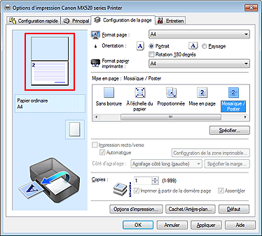 figure : Affichage de l'aperçu des paramètres dans l'onglet Configuration de la page