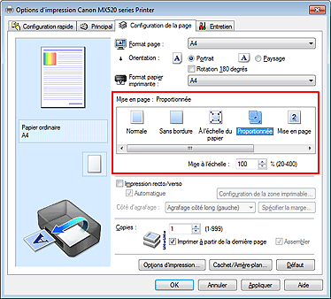 figure : Sélectionnez Proportionnée comme Mise en page dans l'onglet Configuration de la page.