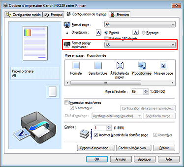 figure : Format papier imprimante dans l'onglet Configuration de la page