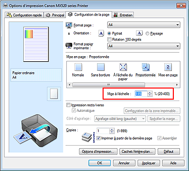 figure : Mise à l'échelle dans l'onglet Configuration de la page