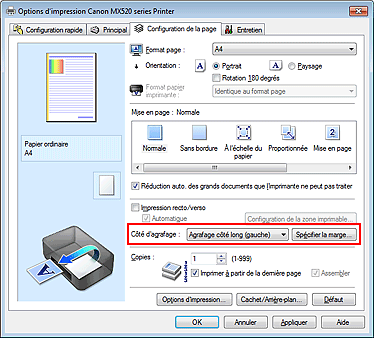 figure : Côté d'agrafage dans l'onglet Configuration de la page