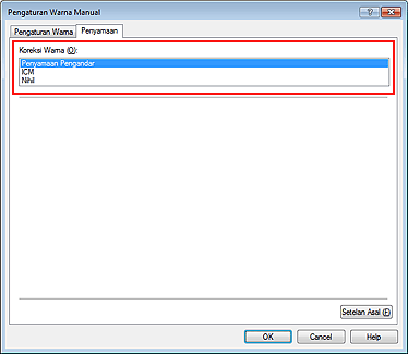 gambar: Koreksi Warna dalam kotak dialog Pengaturan Warna Manual