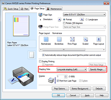 attēls: skavošanas puse cilnē Lapas iestatījums