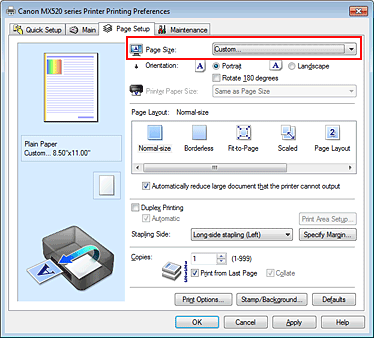 attēls: atlasiet Pielāgoti sarakstā Lapas izmēri cilnē Lappuses iestatīšana