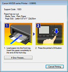 rysunek: ekran błędu Monitora stanu Canon IJ