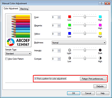 figura:Selectarea Print a pattern for color adjustment de pe fila Color Adjustment