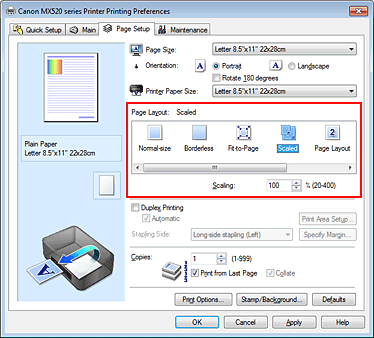 figura:Selectarea Scaled pentru Page Layout din fila Page Setup