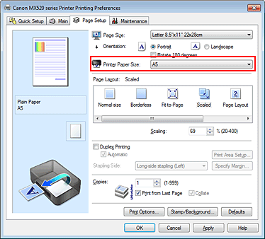 figura:Printer Paper Size de pe fila Page Setup