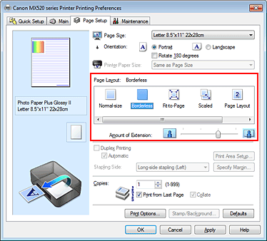 slika: v nastavitvi Page Layout na kartici Page Setup izberite Borderless