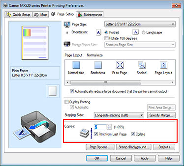 slika: možnost Copies na kartici Page Setup