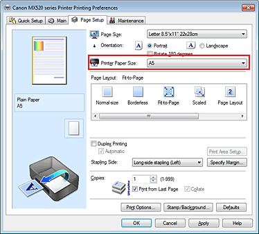 slika: možnost Printer Paper Size na kartici Page Setup