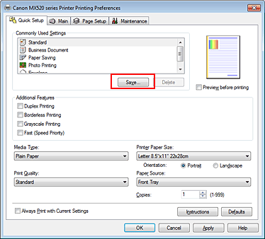 slika: možnost Save... na kartici Quick Setup