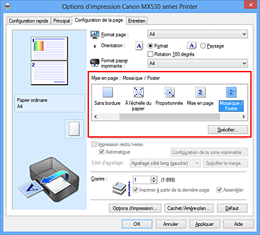 figure : Sélectionnez Mosaïque/Poster comme Mise en page dans l'onglet Configuration de la page.