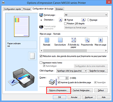 figure : Options d'impression... dans l'onglet Configuration de la page