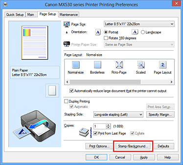slika: stavka Biljeg/pozadina... na kartici Postava stranice